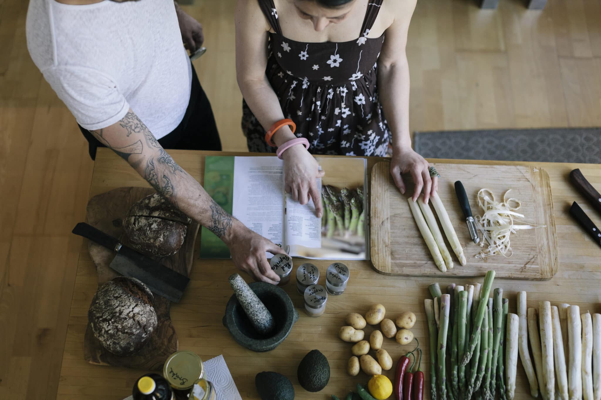 Couple reading food recipe